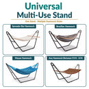 Black universal multi-use hammock stand shown supporting spreader bar, Brazilian, and Mayan hammock styles. Designed to fit hammocks from 9.5 to 14 feet long.