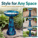 Crackled Glass Mosaic Bird Bath in deep ocean swirl shown in multiple outdoor settings, including a deck, patio, and garden, highlighting its versatile blue and turquoise mosaic design for a variety of spaces.
