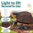 Infographic showing a lightweight dark brown faux rock cover being lifted over a sprinkler valve in a landscaped garden. Text highlights its 4.2 lb weight, two included 12-inch metal stakes, and built-in stake holes for secure outdoor placement.
