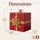 Dimensions diagram for the Pretty Present Decorative Christmas Tree Base showing a 13-inch height, 10.25-inch width, and 9.5-inch depth. Designed for artificial Christmas trees up to 8 feet tall.