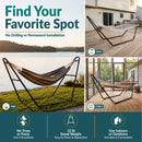 Black metal hammock stand shown in a yard, on a patio, and on a porch. Freestanding design requires no trees, posts, drilling, or permanent installation, weighs 33 pounds, and is easy to move and reposition.