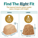 Size comparison infographic of two tan artificial landscape rocks with realistic sandstone textures. Small measures 22.75 inches wide, 19.5 inches deep, and 14 inches high, weighing 2.6 pounds; large measures 24.5 inches wide, 21 inches deep, and 21.5 inches high, weighing 4.2 pounds.