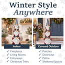 “Winter Style Anywhere” infographic featuring a stacked Christmas gnome statue with indoor and covered outdoor display settings, including fireplaces, living rooms, entryways, porches, doorways, patios, and sheltered spaces.
