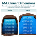 Cutaway comparison of small and large brown artificial landscape rocks, with blue measurement layers showing maximum interior width and depth at different heights. The infographic illustrates how usable space narrows toward the top of each rock.