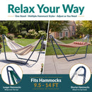 Blue metal hammock stand shown with two hammock styles outdoors. Adjustable design fits hammocks from 9.5 to 14 feet, with longer hammocks wrapping over the bar and shorter hammocks attaching to the top hook.