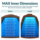 Maximum interior dimensions infographic comparing small and large dark brown artificial landscape rocks, featuring cutaway diagrams with blue measurement layers showing available width and depth at different heights to help determine the proper fit for outdoor objects.