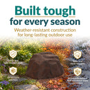 Dark brown artificial landscape rock displayed in a garden across changing seasons, highlighting weather-resistant polyresin construction, UV resistance, and protection against rain, snow, cracking, fading, and extreme temperatures.