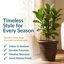 Brown decorative planter with a raised floral design holding a tall leafy plant indoors. Text highlights timeless style, indoor and outdoor use, durable polyresin, weather resistance, and a hand-painted finish.