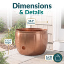 Dimensions and details graphic for the copper Embossed Panel Hose Pot showing an 18.5-inch diameter, 13.25-inch height, and 6.2-pound weight.
