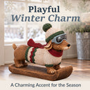 Winter dachshund statue wearing a knit hat, goggles, sweater, and scarf displayed indoors in a bright winter setting.