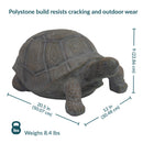 Tortoise Statue dimension image showing the overall measurements and details of the garden turtle statue. The tortoise statue measures 12 inches wide by 20.5 inches deep by 9 inches high and weighs 14.8 lbs. The full length from the head to the end of the shell is 20.5 inches, with the shell measuring 15.5 inches long.
