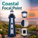 Infographic titled “Coastal Focal Point” featuring a navy and white lighthouse at sunset with callouts highlighting the all-direction LED beacon, striped design, and cutout windows.