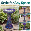 Crackled Glass Mosaic Bird Bath in iridescent purple shown in multiple outdoor settings, including a deck, patio, and garden, highlighting its versatile purple, blue, and multicolor mosaic design for a variety of spaces.