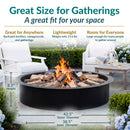 Infographic featuring a black metal fire pit, highlighting its 42.5-inch outer diameter, 38.5-inch inner diameter, 8.5-inch height, 15.6-pound weight, and suitability for backyard gatherings and campgrounds.