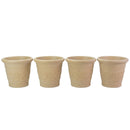 Four cream-colored decorative planters with raised floral scroll designs, shown side by side in varying sizes.