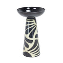 Glass Pedestal Bird Bath in black and white abstract featuring a wide glass bowl and tapered pedestal with a bold abstract pattern.