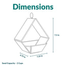 Dimensions diagram for the Modern Mosaic Fly-Through Bird Feeder in iridescent purple, measuring 7.25 inches wide, 4.75 inches deep, and 7.5 inches high, with a 2-cup seed capacity.