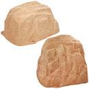 Two tan artificial landscape rocks with realistic stone textures, irregular shapes, and natural sandstone coloring, shown from different angles against a white background.