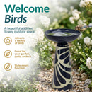 Infographic showing a navy blue and cream pedestal bird bath with a bird perched on the rim, highlighting its ability to attract birds, suit gardens, patios, and decks, and combine style with function.