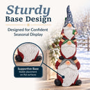 “Sturdy Base Design” infographic featuring a stacked Christmas gnome statue with a callout highlighting its supportive base and stable placement on flat surfaces.