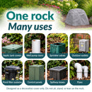 Infographic highlighting eight uses for a gray artificial landscape rock, including concealing septic tank covers, well pump risers, sprinkler valves, outdoor outlets, pond filters, control panels, spillway boxes, and pipes in landscaped outdoor areas.