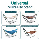 Green universal multi-use hammock stand shown supporting spreader bar, Brazilian, and Mayan hammock styles. Designed to fit hammocks from 9.5 to 14 feet long.