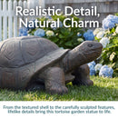 Realistic tortoise garden statue with a textured shell and carefully sculpted features displayed on a green lawn surrounded by hydrangeas. Text reads, “Realistic Detail, Natural Charm.”