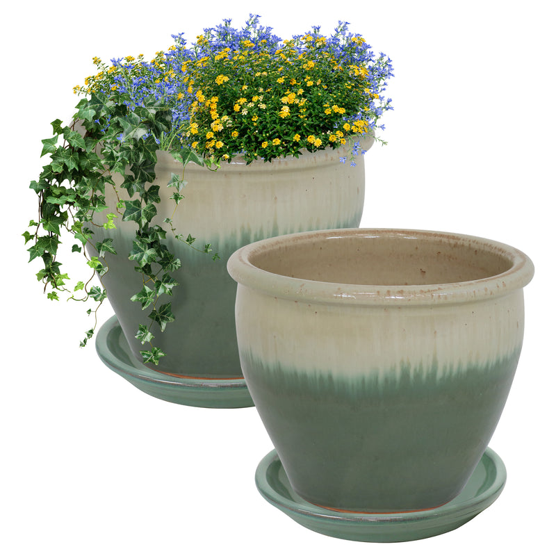 Sunnydaze Glazed Ceramic Planters with Saucers - Set of 2