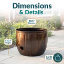 Dimensions and details graphic for the bronze Embossed Panel Hose Pot showing an 18.5-inch diameter, 13.25-inch height, and 6.2-pound weight.