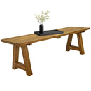 Sunnydaze Teak Trestle Bench with a black tray and vase on the top of it as a prop. 