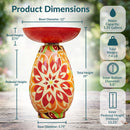 Product dimensions infographic for a red Mediterranean-style glass bird bath showing a 12-inch bowl diameter, 2.75-inch bowl height, 16-inch pedestal height, 19-inch total height, 5.75-inch base diameter, 1.35-gallon water capacity, 7.4-pound total weight, 5.5-inch inner bottom diameter, and 15.25-inch inner pedestal height.