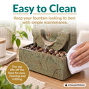 Infographic featuring an indoor wall fountain being cleaned with a cloth, highlighting easy maintenance and a lift-off top for cleaning and refilling.