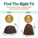 Size comparison infographic of two dark brown artificial landscape rocks, showing small and large options with dimensions and weights. Small measures 22.75 inches wide, 19.5 inches deep, and 14 inches high; large measures 24.5 inches wide, 21 inches deep, and 21.5 inches high.
