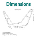 Bronze universal hammock stand with dimensions of 124 inches wide, 40 inches deep, and 52.5 inches high, with a 55-inch base. Stand weighs 33 pounds, fits 9.5- to 14-foot hammocks, and supports up to 550 pounds.