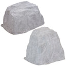 Two light gray artificial landscape rocks with realistic stone textures and irregular shapes, shown from different angles against a white background.