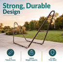Bronze metal hammock stand featuring a strong, durable design with a 1.5-inch tubular frame, 550-pound weight capacity, and 1.5 mm thick steel construction.
