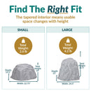 Size comparison infographic of two light gray artificial landscape rocks, showing small and large options with dimensions and weights. Small measures 22.75 inches wide, 19.5 inches deep, and 14 inches high; large measures 24.5 inches wide, 21 inches deep, and 21.5 inches high.