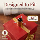Pretty Present Decorative Christmas Tree Base shown from above, featuring a built-in holder with three securing bolts designed to fit artificial tree poles up to 1.5 inches in diameter.