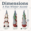 Dimensions infographic featuring a stacked Christmas gnome statue, showing a height of 25.5 inches, width of 9 inches, depth of 8.5 inches, and weight of 7.4 pounds.