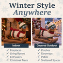 Infographic showing the winter dachshund displayed indoors and in covered outdoor settings, including fireplaces, living rooms, entryways, porches, doorways, patios, and Christmas trees.
