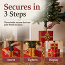 Present Pile Decorative Christmas Tree Base shown securing an artificial tree pole with three bolts, demonstrating the three-step process to insert the tree, tighten the bolts, and display the assembled tree.