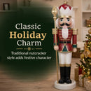 Red and green Christmas nutcracker king holding a gold scepter, displayed beside a decorated Christmas tree with text reading “Classic Holiday Charm” and “Traditional nutcracker style adds festive character.”