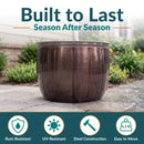 Bronze Embossed Panel Hose Pot highlighting durable steel construction with rust- and UV-resistant properties, plus a lightweight 6.2-pound design for easy repositioning.
