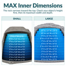 Cutaway comparison of small and large gray artificial landscape rocks showing maximum interior width and depth at different object heights. Blue measurement layers illustrate how usable interior space narrows toward the top of each rock.