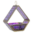 Modern Mosaic Fly-Through Bird Feeder in iridescent purple featuring mosaic glass panels, an open fly-through design, metal trim, and a circular hanging ring.