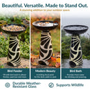 Black-and-cream decorative glass birdbath shown in three uses: as a bird feeder, a garden focal point, and a birdbath. Highlights durable weather-resistant glass and wildlife-friendly design.