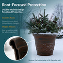 Brown decorative planter in snow highlighting its double-walled design, root insulation, added stability, and removable bottom plug for filling the outer wall.