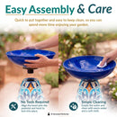 Easy assembly and care infographic showing a colorful glass bird bath being assembled without tools and cleaned with a cloth. Features callouts for “No Tools Required” and “Simple Cleaning.”