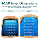 Cutaway comparison infographic of small and large tan artificial landscape rocks, featuring blue measurement layers that show maximum interior width and depth at different object heights. Illustrates how usable space narrows toward the top of each rock.