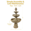 3-Tier Outdoor Water Fountain with Pump - 48" H dimension image showing the overall measurements, weight, and recommended water capacity of the tiered garden fountain. The fountain measures 26 inches in diameter by 48 inches high overall and weighs 35 lbs for added outdoor stability. It has a recommended water capacity of 4 gallons and features a three-tier cascading design that creates a decorative water feature for gardens, patios, and outdoor landscapes.